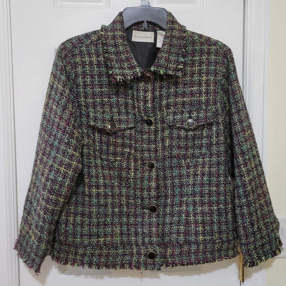 Drapers & Damons Petite Tweed Jacket Multicolor Fringe Blazer PM Purple Green